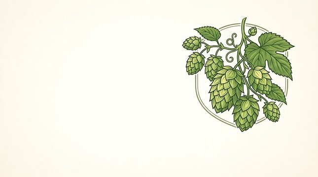 Green hop cones and leaves on a branch with copy space