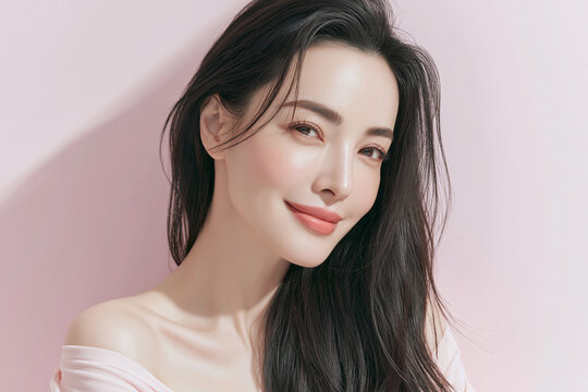 Portrait of beautiful young East Asian woman with long dark hair smiling softly against soft pink background for beauty skincare facial cosmetics and hair care concepts
