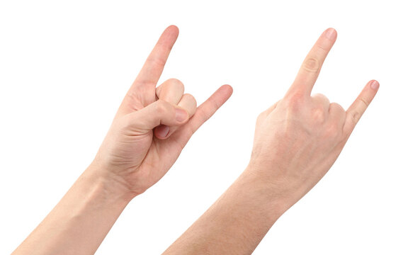 Set of male hands making horn fingers signs, isolated on transparent cutout background