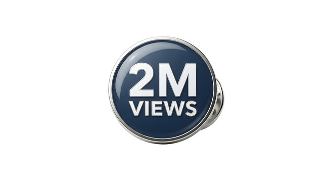 Round enamel badge with a dark blue background and silver rim displaying the text 2M VIEWS in bold white capital letters, symbolizing a milestone achievement featuring social media and million