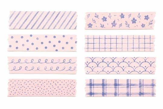 Set of ten pink and blue watercolor washi tape strips with various patterns, including stripes, dots, florals, scallops, and plaid.