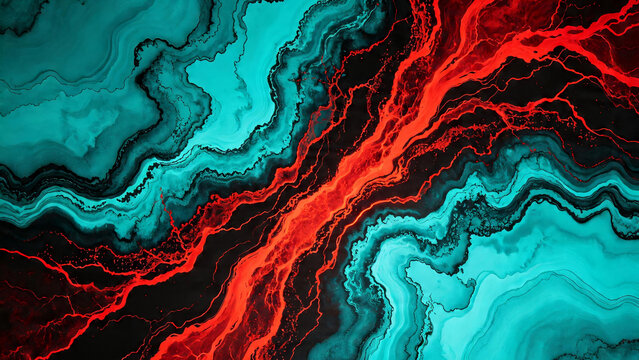 Abstract turquoise teal and fiery red marble fluid art background with flowing vein pattern