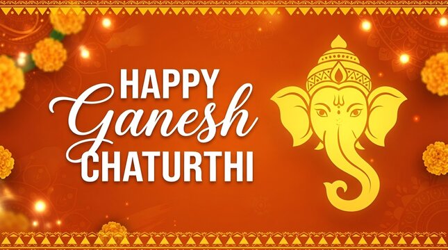Happy Ganesh Chaturthi. Indian Festival of lord Ganapati Banner, Logo design, Sticker, Concept, Greeting Card, Template, Icon, Poster, Unit, Label, Web, Mnemonic on Orange paint brush stoke Background