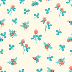 Fototapeta premium Seamless vector pattern with cute cartoon bumblebees, pink clover flowers and green leaves on a light background for spring and summer