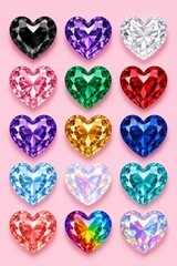 Fototapeta premium Colorful gemstone heart collection featuring ruby emerald sapphire and diamond cuts on pink background.