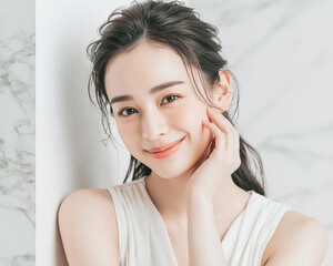 Fototapeta premium Portrait of gentle young East Asian woman with dark ponytail resting chin on hand and smiling for skincare facial care cosmetics and wellness advertising concepts