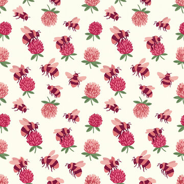 Seamless pattern with cute bees and pink clover flowers on a light background, hand-drawn vector illustration for spring and summer design