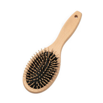 Natural bristle hair brush with wooden handle isolated on transparent background