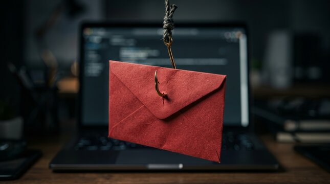 Cybercrime and phishing scam concept showing a red envelope impaled on a sharp fishhook.