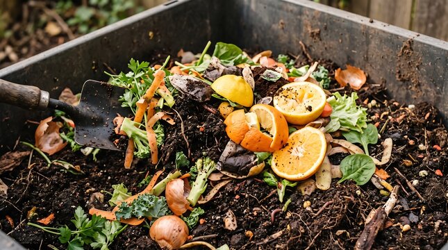 Close up of hand holding shovel turning fresh food waste and citrus peels in outdoor compost bin