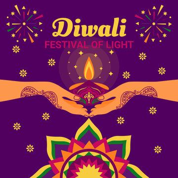 Happy Diwali festival poster with hands holding glowing diya lamp, henna, fireworks, and rangoli on purple background. Golden, pink, violet, yellow, purple color. Vector illustration