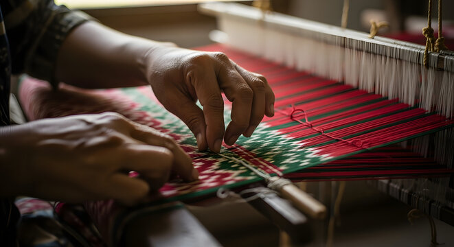 Artisan weaver hands operating traditional wooden loom with traditional