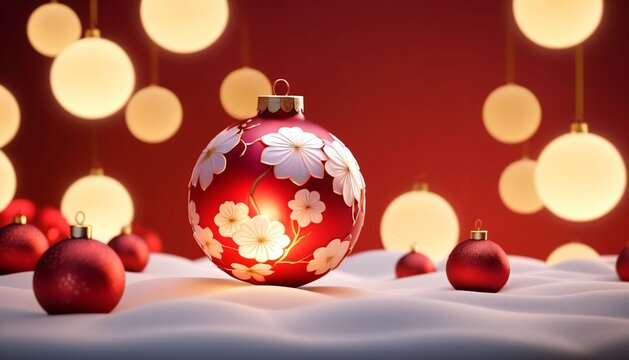 Red Christmas ornament on snowy festive scene