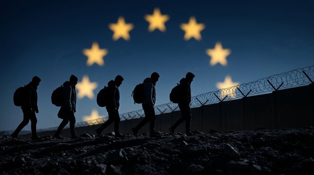 People with backpacks walking in silhouette against a backdrop of barbed wire and the European Union symbol.