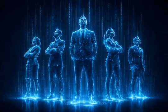 Professional business team standing together in a vertical digital light stream with business professional corporate leadership technology abstract management strategy collaboration standing