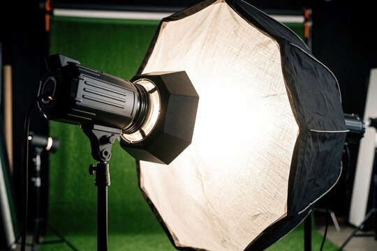 Photography studio lighting equipment includes a strobe light with octabox modifier. Soft light illuminates backdrop for creative work. Pro gear for visuals.