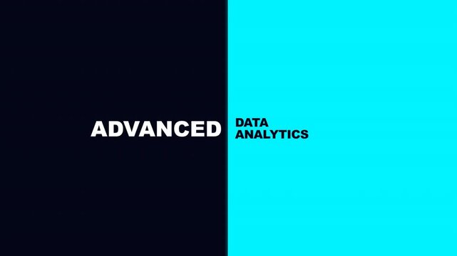 Advanced Data Analytics typography motion on split screen blue background
