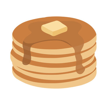 Cute hand drawn stack of delicious pancakes with melting butter and dripping maple syrup, breakfast dessert clipart PNG for cafe menu and sticker design