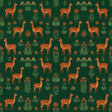 Seamless pattern featuring cute llamas or alpacas among stylized traditional folk art floral motifs and mountains on a deep green background