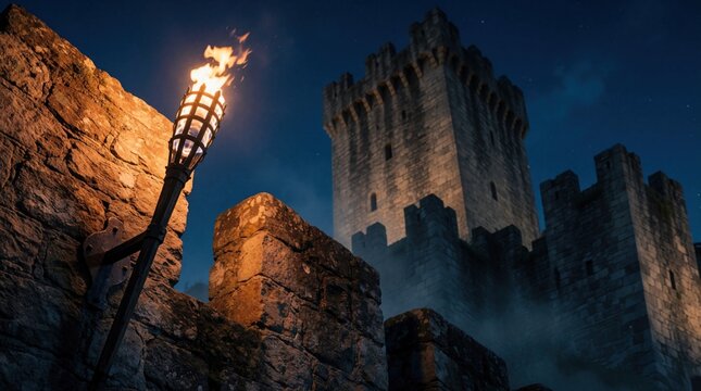 Stone castle wall at night with burning torch. Flame illuminates old masonry and tower. Dark sky with faint stars. Historic fortress exterior.