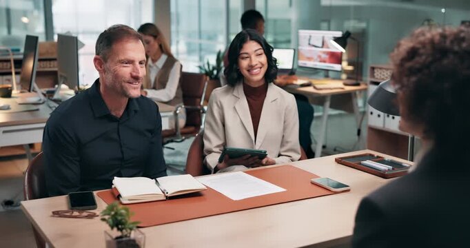 Handshake, interview or hiring with people in workplace, onboarding and HR with introduction. Interviewer, candidate and recruitment with shaking hands for welcome, smile and hello with tablet