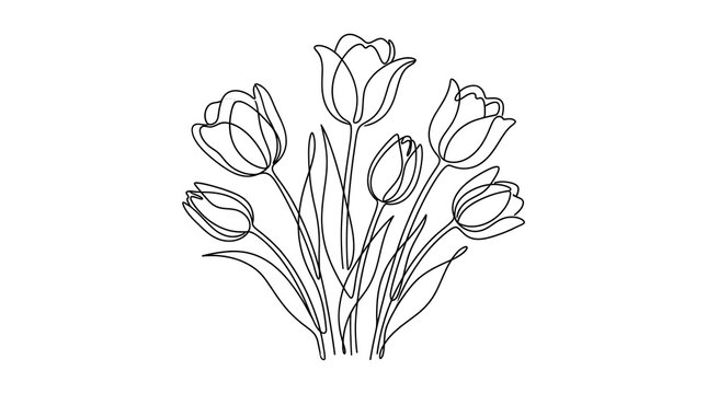 Minimalist one line drawing of blooming tulip flowers arranged in an elegant bouquet. Simple botanical vector illustration with clean black outlines isolated on a white background, suitable for wall a