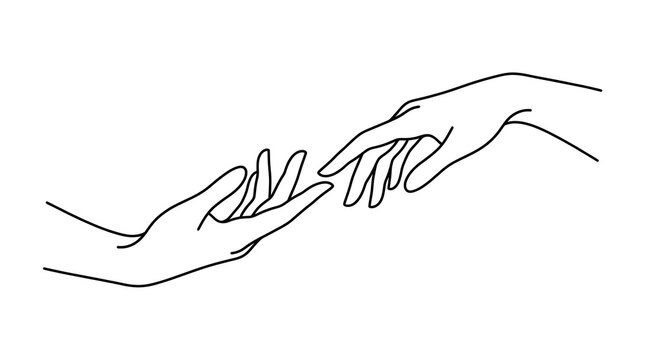 Minimal continuous line drawing of two hands reaching toward each other, symbolizing connection, support, trust, hope, love, and human relationships. Modern black outline illustration isolated on a wh