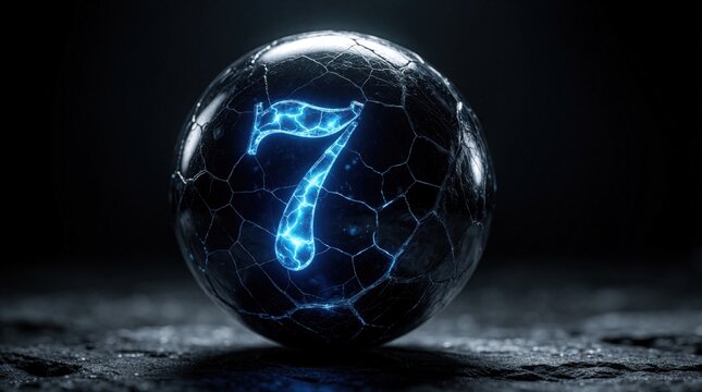 Glowing number seven symbol embedded within cracked dark sphere. Blue energy pulses within cracks, creating mystical light. Abstract cosmic object on rough surface.