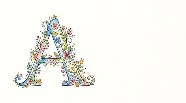 Decorative floral letter a with colorful botanical illustrations