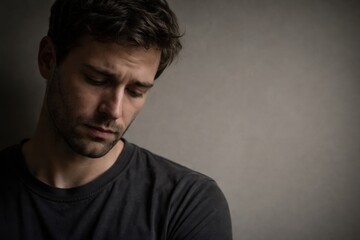 Fototapeta premium Young man with light brown hair wearing a gray sweater rests his chin on his hand, looking contemplative while seated near a window with soft natural light