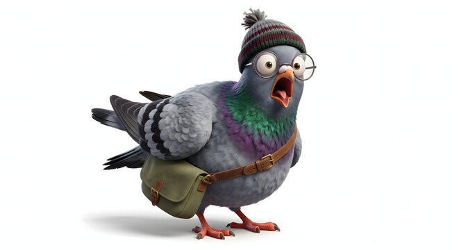  Funny surprised cartoon pigeon Taubi wearing glasses, beanie hat and messenger bag