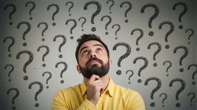 Bearded man in yellow shirt looks up with confused expression. Person thinks about problems standing against grey wall with drawn black question marks. Male reflects upon difficult choices, mental