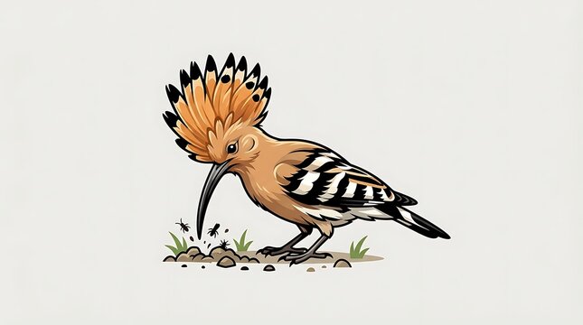 Eurasian hoopoe bird foraging for insects with crest raised