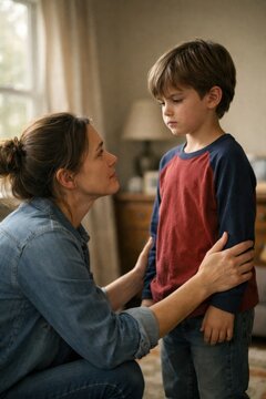 Woman in denim shirt kneeling and holding hands with young boy in green shirt, engaged in a serious conversation inside a cozy living room with soft lighting