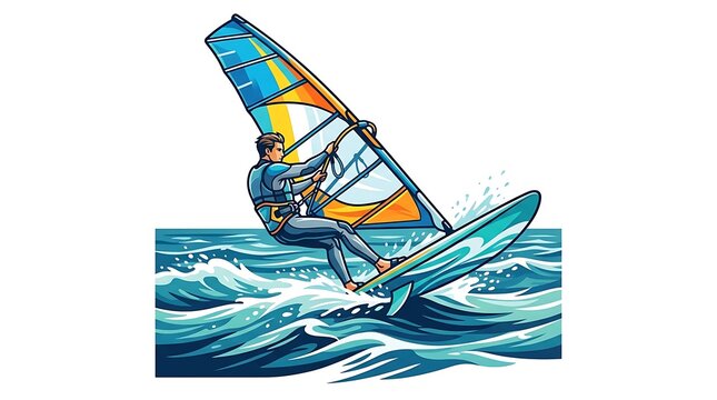 Athletic man windsurfing on ocean waves with colorful sail