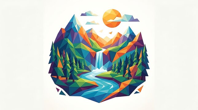 Colorful low poly mountain landscape with waterfall and sun