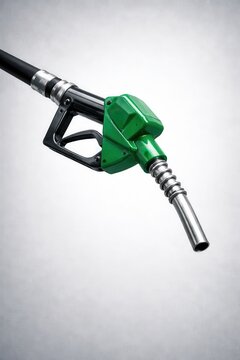 Close-up of a green fuel nozzle with a black hose set against a light gray background, highlighting the nozzle's details and construction