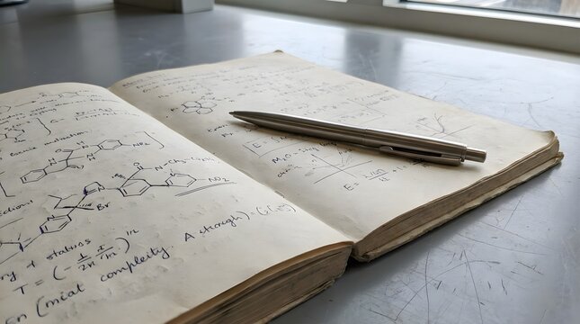 Laboratory Notebook With Handwritten Formulas And Pen
