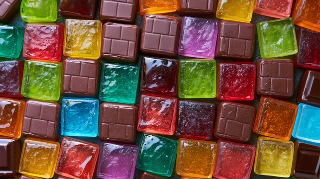 Pattern of colorful translucent gummy candies and chocolate square blocks grid