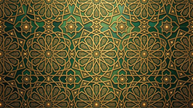Intricate Geometric Islamic Pattern Featuring Interlocking Star Shapes and Arabesque Motifs in Deep Green and Gold Tones with a Subtle Textured Background