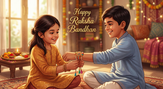 Happy Raksha Bandhan Greeting Card, Sister Tying Rakhi on Brother's Wrist Illustration    