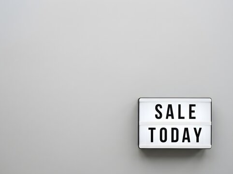 A minimalist light box sign with the text sale today displayed against a clean light grey background with plenty of copy space available