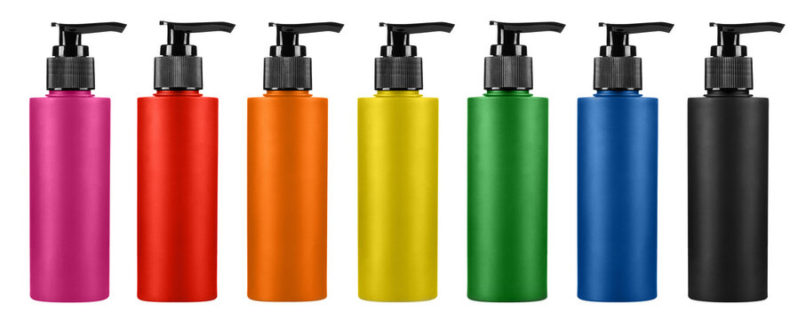 Set of colorful cosmetic pump bottles mockup, isolated on transparent cutout background