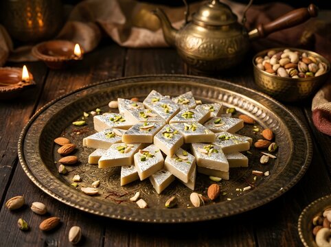 A traditional indian sweet kaju katli served on a vintage metal plate with scattered nuts and warm candlelight on a rustic wooden table