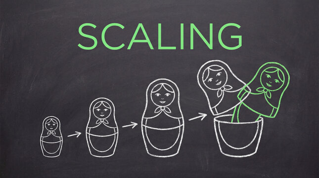 Scaling concept illustrated with matryoshka dolls on chalkboard showing growth and expansion