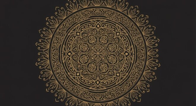 Intricate gold mandala ornament on dark background.