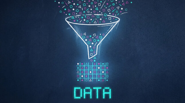 Data filtering concept with funnel processing colorful shapes into organized grid on dark background