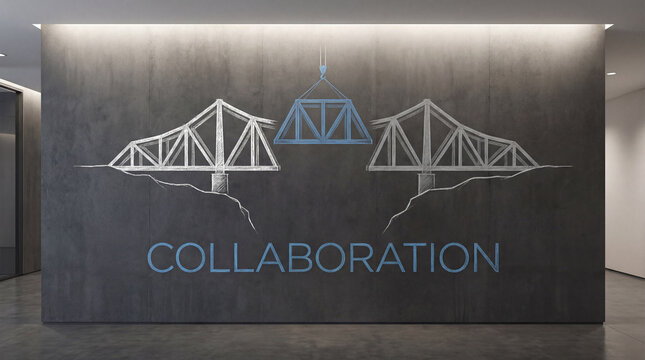 Collaboration concept with bridge sketch being assembled over gap on concrete wall in modern office