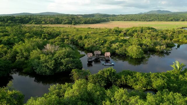tomas a&eacute;reas del manglar La Tovara en San Blas, Nayarit. paseo en lancha entre canales y selva  durante el atardecer 