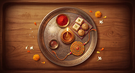 Fototapeta premium Raksha Bandhan Thali Illustration with Diya, Roli and Rakhi, Festive Flat Lay Background